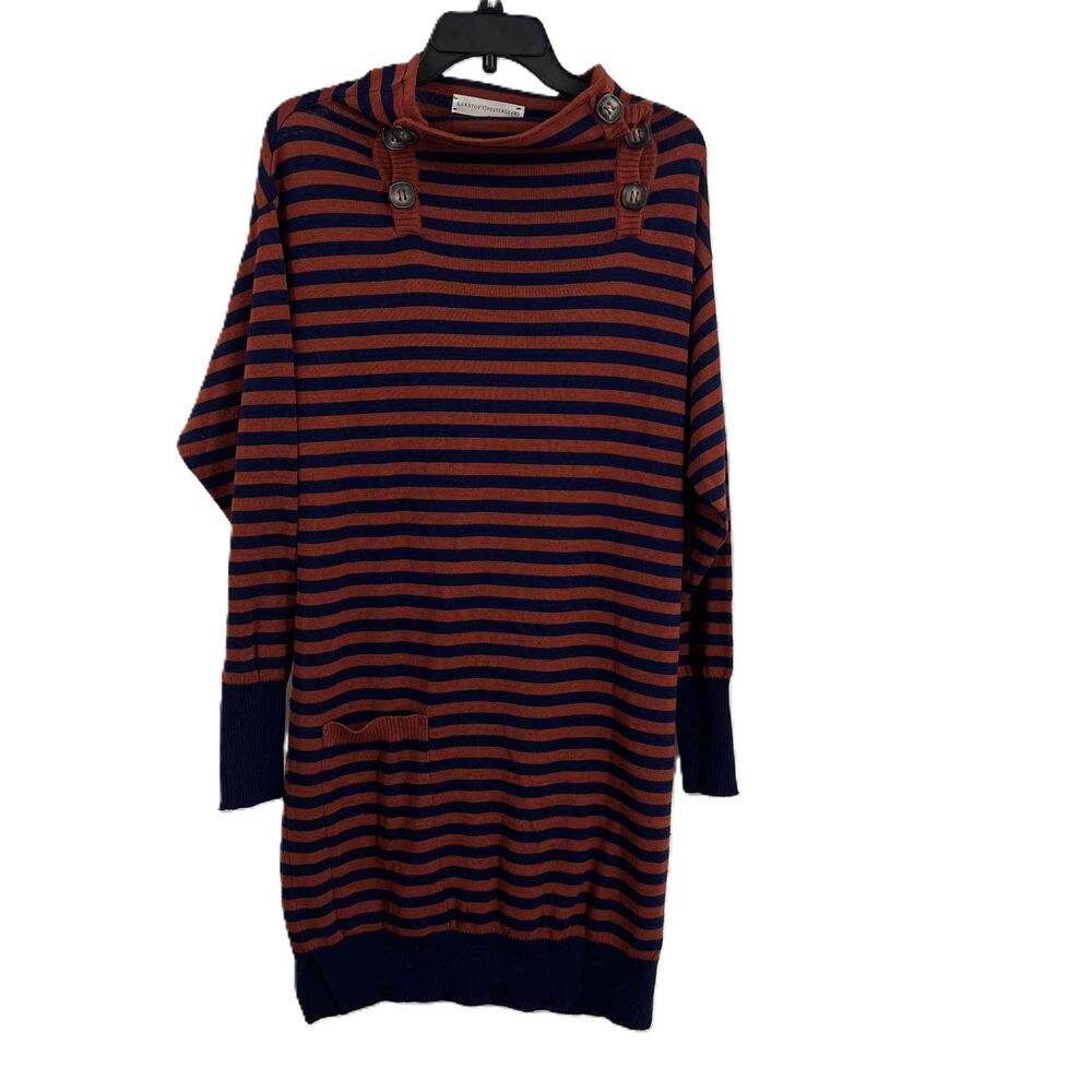 Karstoft Vestergaard Sweater Dress Orange Navy Striped Neck‎ Button Detail Small